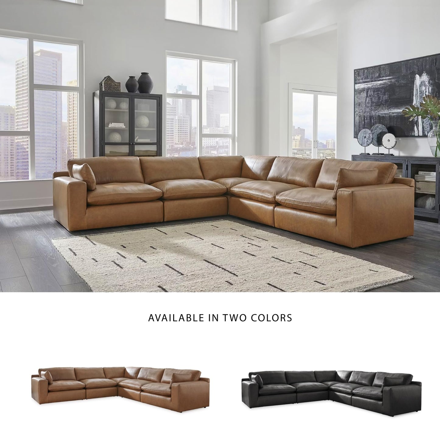 Signature Design by Ashley Emilia Modern Modular Leather Match 5-Piece Sectional with Loose Back Cushions and 2 Bolster Pillows, Light Brown