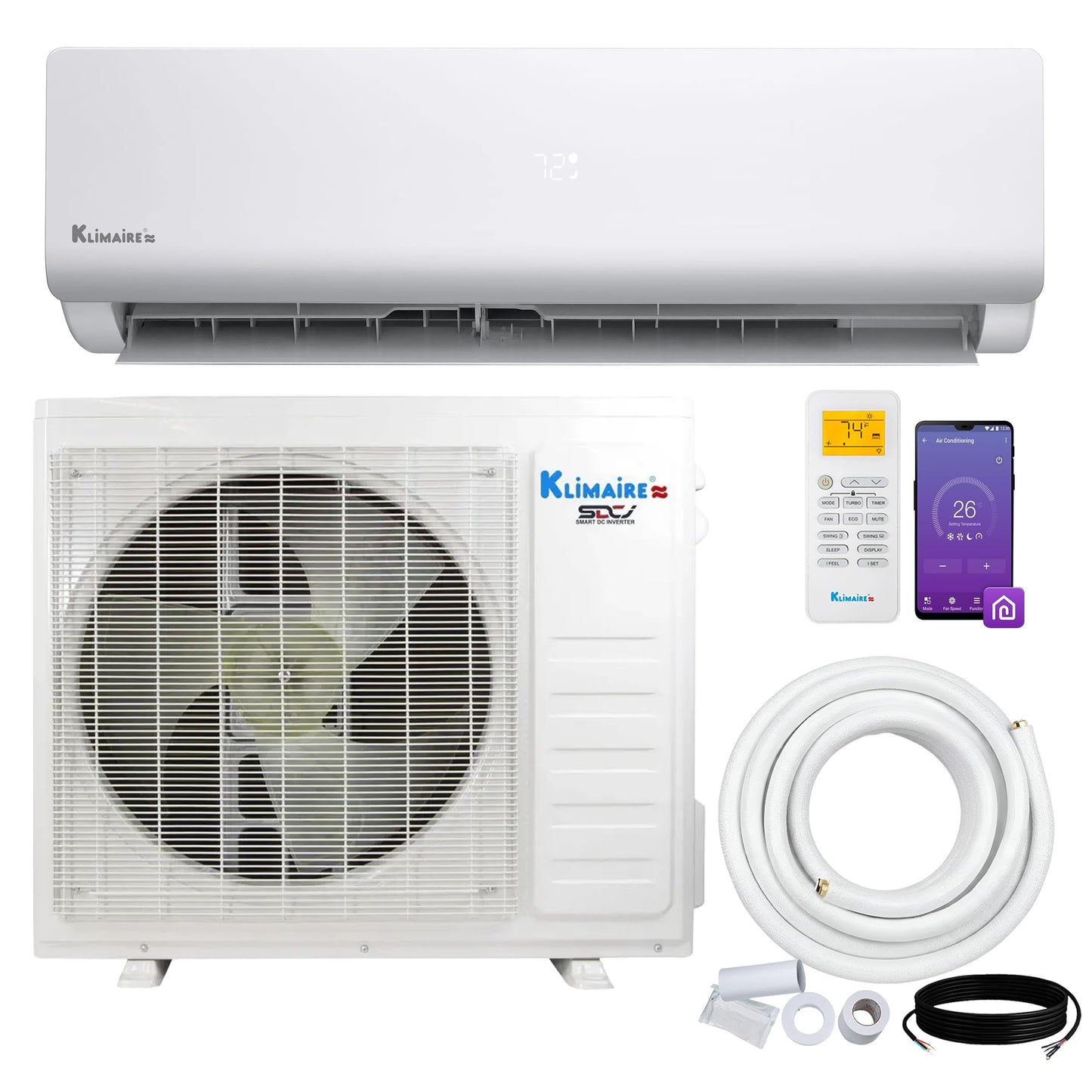 Klimaire Entrada 24,000 BTU 17 SEER2 Ductless Mini-Split Heat Pump Air Conditioner with 16 Ft. Installation Kit & Wall Bracket - 230V
