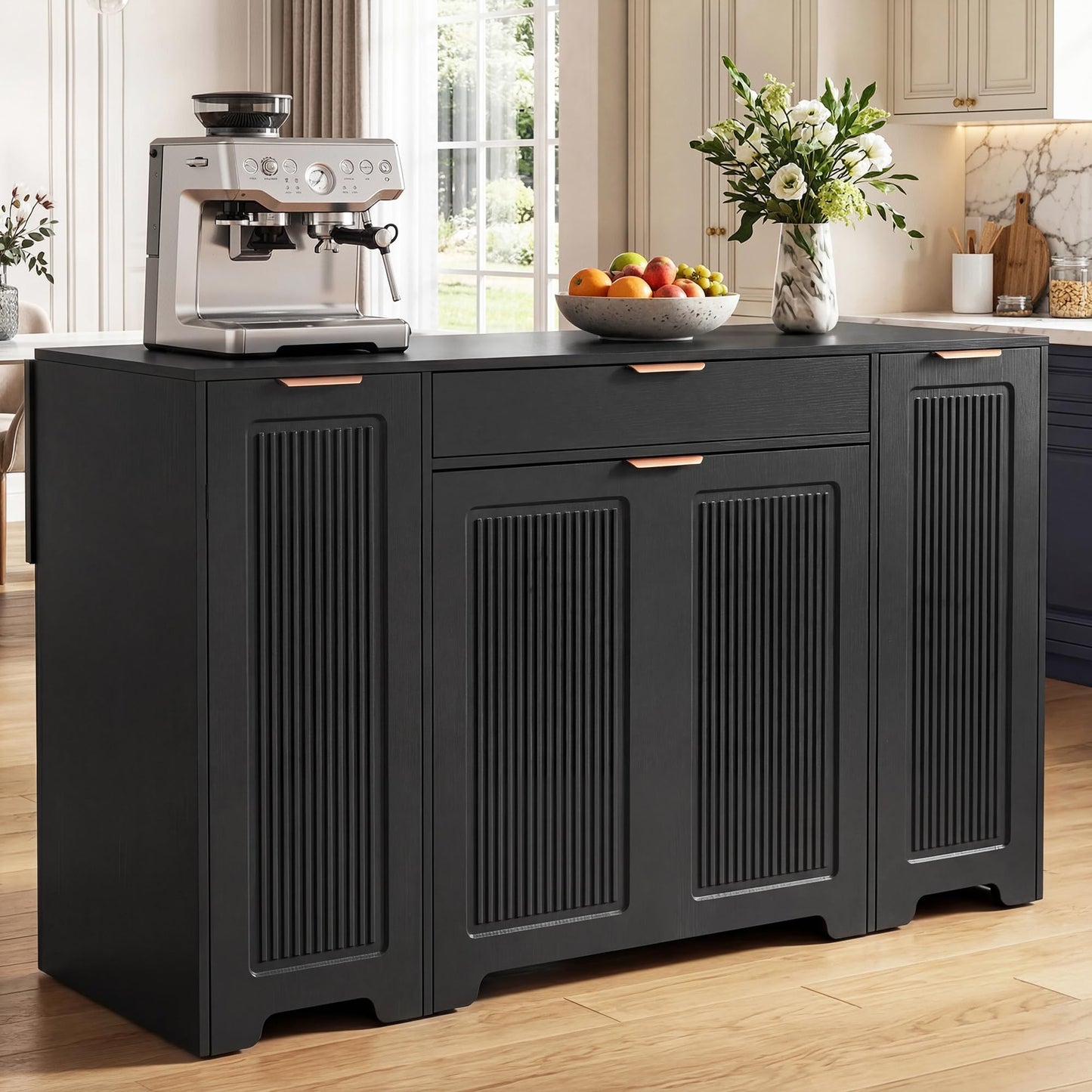 YITAHOME Expandable Kitchen Island with Hidden Trash Cabinet, 55.1" Rolling Kitchen Island with Drop Leaf, Storage Drawer & 3-Tier Side Shelves, Mobile Kitchen Island on Wheels with Towel Bar & Hooks