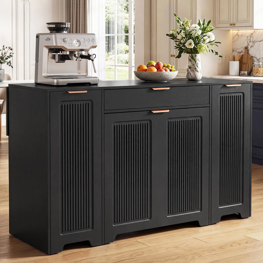 YITAHOME Expandable Kitchen Island with Hidden Trash Cabinet, 55.1" Rolling Kitchen Island with Drop Leaf, Storage Drawer & 3-Tier Side Shelves, Mobile Kitchen Island on Wheels with Towel Bar & Hooks