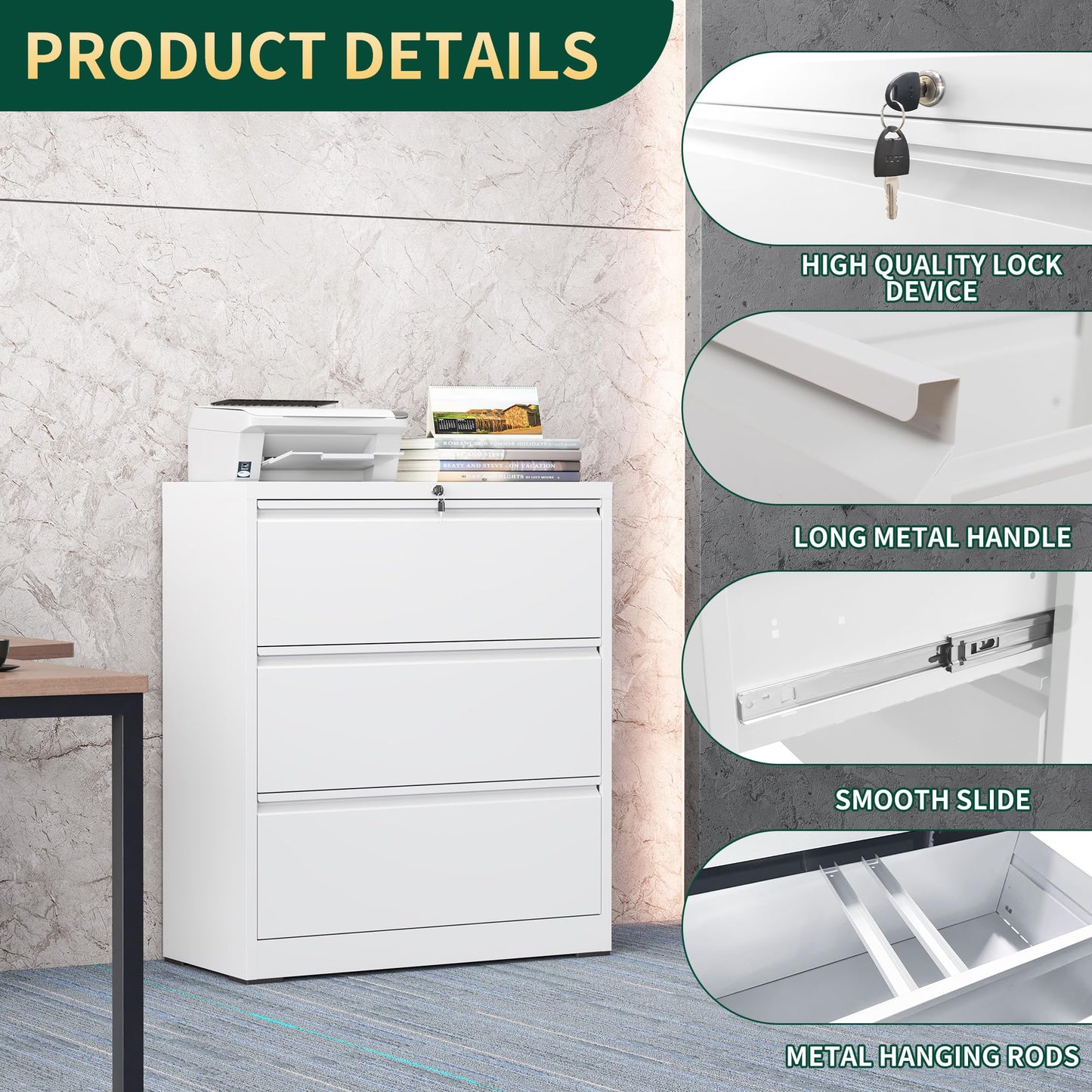 FOSTOKO 3 Drawer Lateral File Cabinet with Lock, Metal Lateral File Cabinets for Home Office, Steel Heavy-Duty Filing Storage Cabinet for Letters/Legal/A4 (Require Assembly, White)