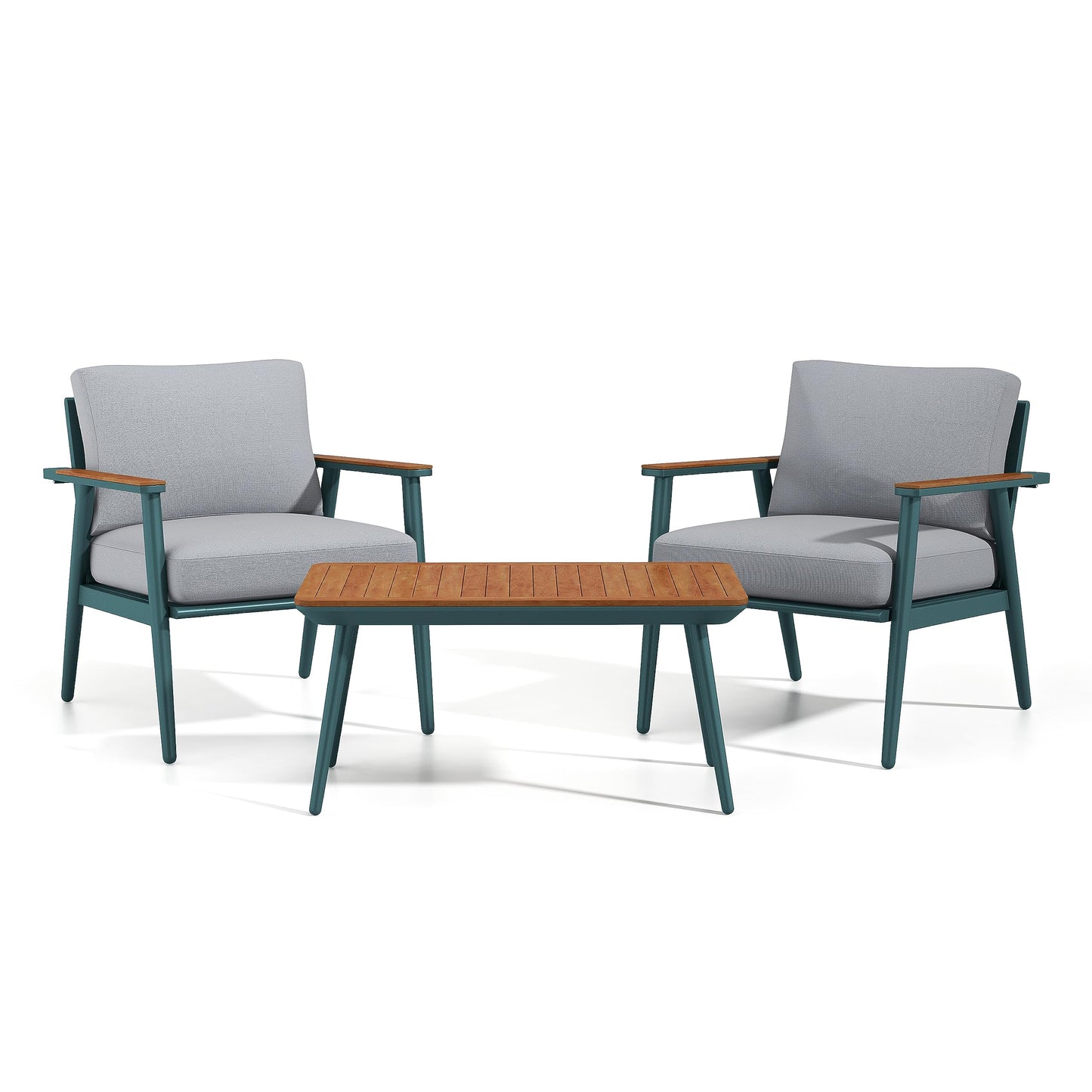 Furniture of America Beth Mid-Century Modern 3-Piece Aluminum Patio Conversation Set, Rectangle Table and 2 Padded Outdoor Chairs for Garden, Backyard, Deck, Gray, Green and Oak Brown