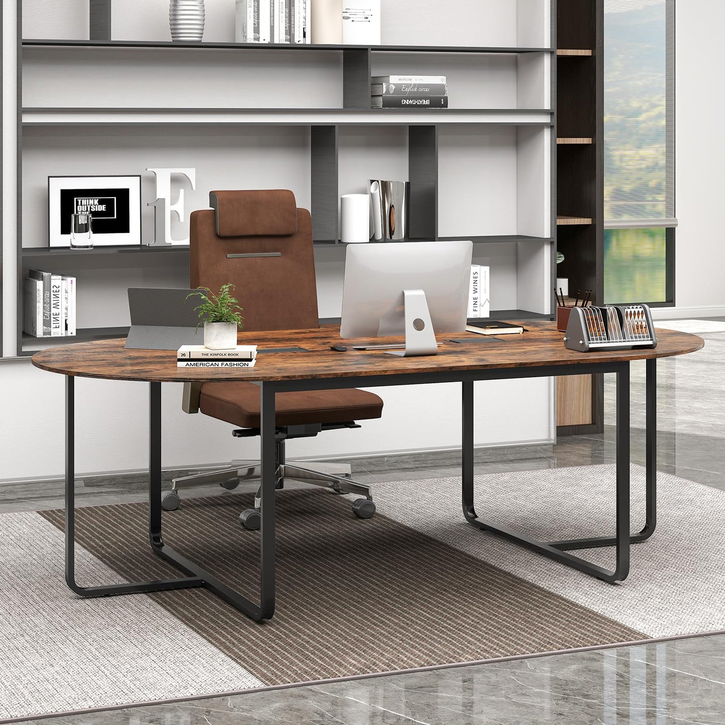 Nightcore 8 FT Oval Conference Table, 95" x 48" x 30" Large Meeting Table with Cable Holes and Strong Metal Frame for Office, Business Style Training Table for 12 People, Rustic Brown & Black