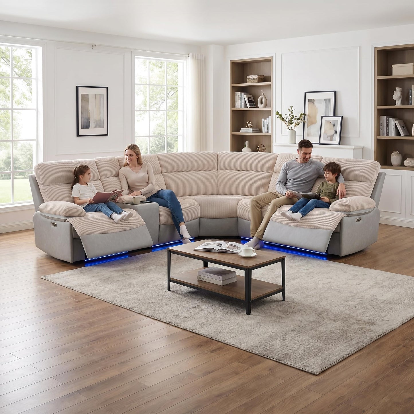 Trygoal Power Reclining Sectional Sofa Set, Modern L-Shaped Couch with Recliner, 4 Seat Power Reclining Sofa, Reclining Sectional Couches for Living Room, Home, Office, Leather, Off-White & Gray