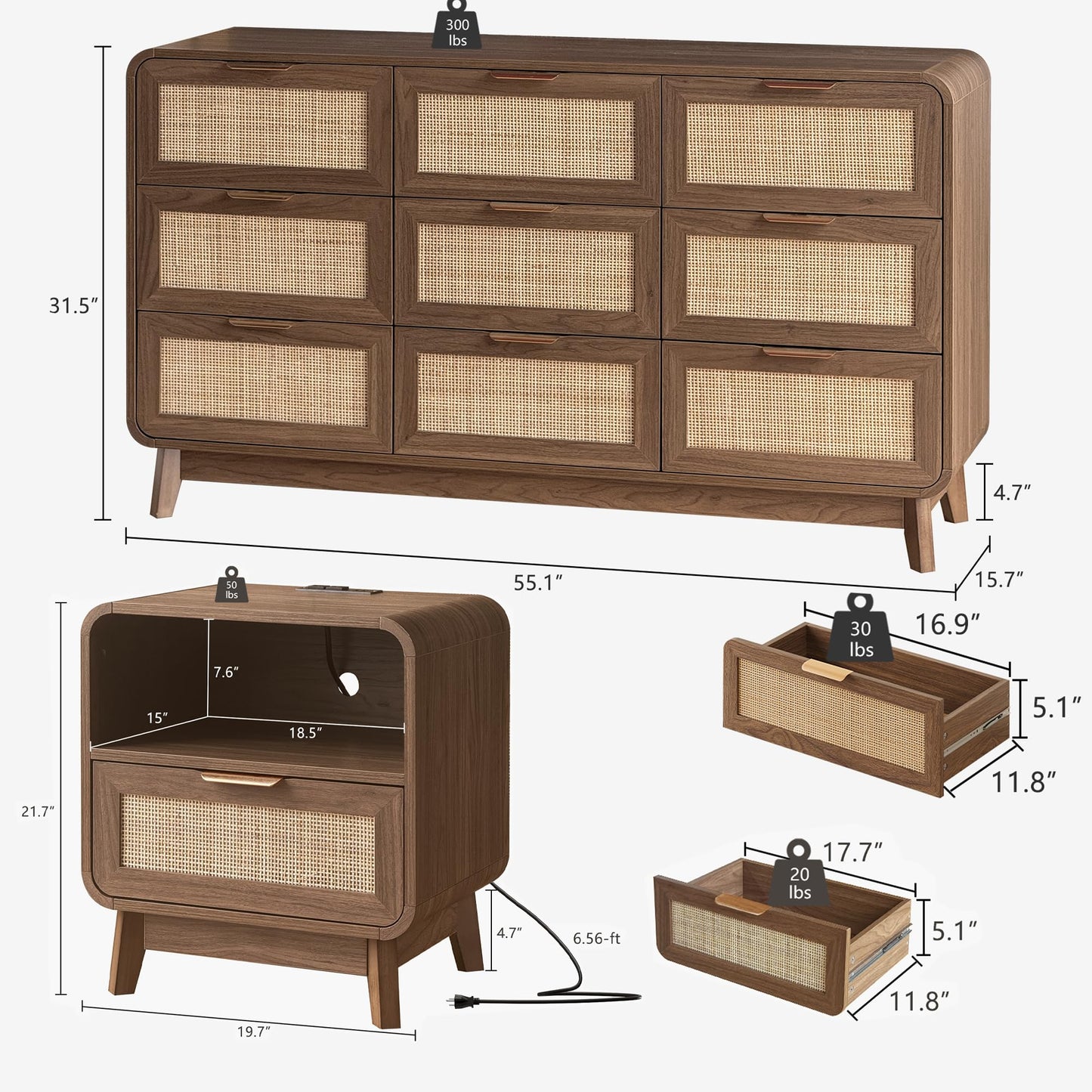 FORTUNETEC 55" Rattan 9 Drawer Dresser, Modern Farmhouse & Boho Wooden Chest of Drawers with Walnut Wood Grain, Multifunctional Storage Bedroom Set for Bedroom, Living Room, TV Stand