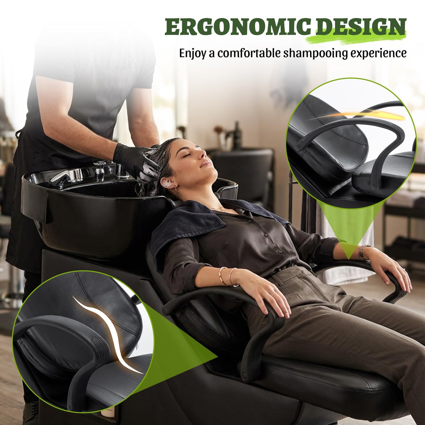 Shampoo Bowl and Chair Set for Salon, Hair Washing Backwash Shampoo Station Unit with ABS Sink & PU Leather Chair, Shampoo Bowl Sink Chair with Side Storage for Spa Barbershop Beauty, Black (Small)
