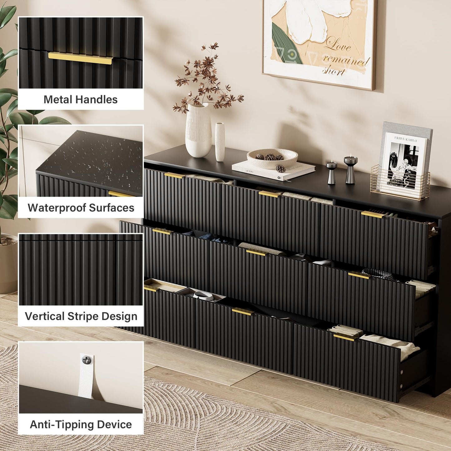 Furniway Black Dresser for Bedroom, Modern Dresser with 9 Drawers and Smooth Slides, Wide Chest of Drawers with Golden Handles for Bedroom, Living Room, Closet, 15.7" D x 63" W x 31.5" H