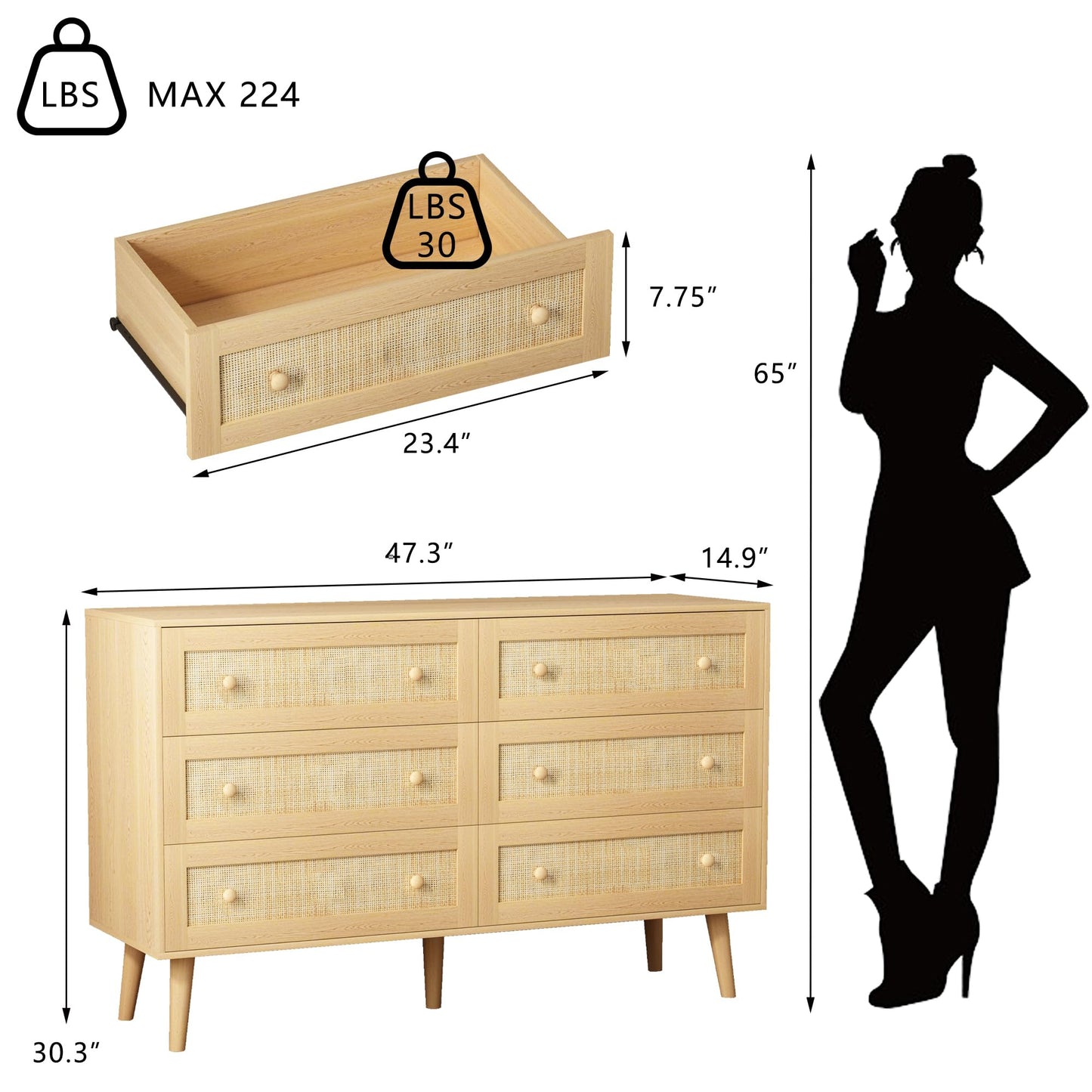 HUANLEGO Rattan Dresser for Bedroom, Modern 6 Drawer Dressers & Chest of Drawers, Natural Boho Dresser with Handles Wood Storage Organizer Modern Dressers for Closet, Hallway, Office