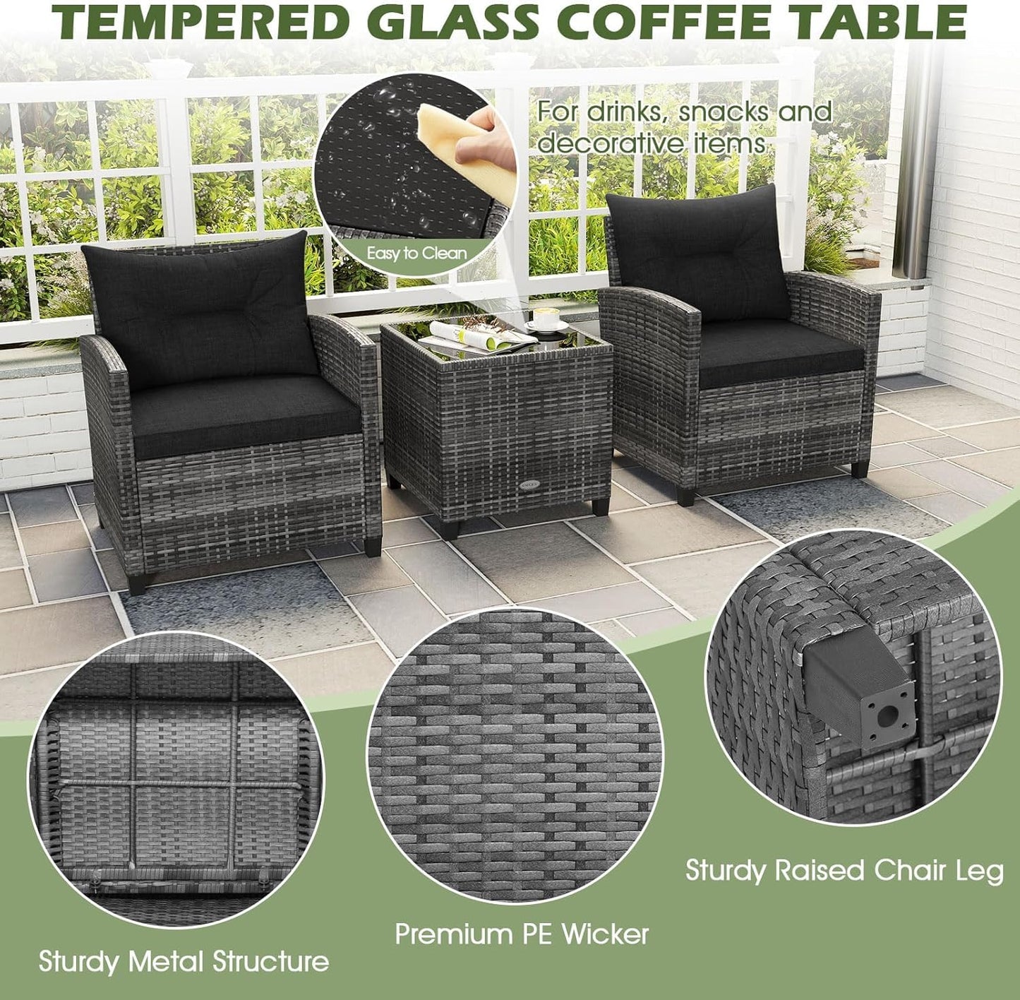 LDAILY Patio Furniture Set, 3 Pieces PE Rattan Wicker Patio Sofa Chairs with Washable Cushion & Glass Table, Outdoor Furniture Conversation Sets for Porch, Balcony, Garden, Poolside (Black)