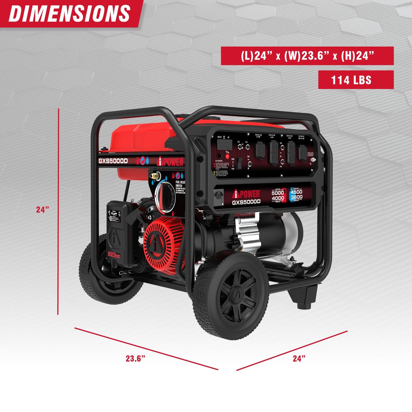 A-iPower 5000-Watt Portable Generator Gas & Propane, CO Sensor Shutdown, Heavy Duty Generators with 223cc OHV Engine for Jobsite, RV, Home Backup, Emergency (GXS5000D) Red