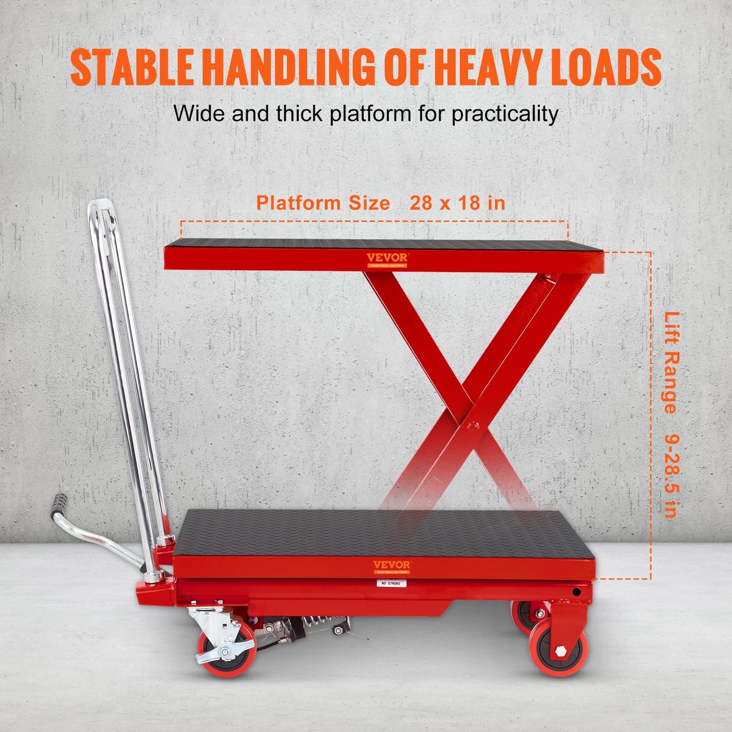 VEVOR TF23 Hydraulic Lift Table Cart, 500lbs Capacity 28.5" with 4 Wheels and Non-Slip Pad, for Material Handling and Transportation, Red