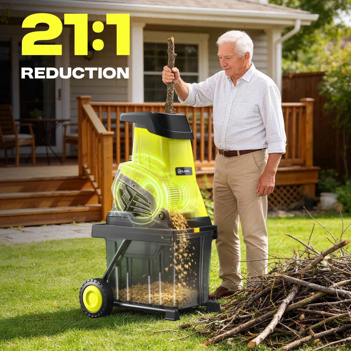 SILVEL Wood Chipper Shredder, 1800W Cutting Diameter of 1.77 inch with 10 Gallon Large Collection Bin, 15-Amp Electric Wood Chipper Shredder for Fast Cleanup, Ideal for Branches, Garden Cleaning,Green