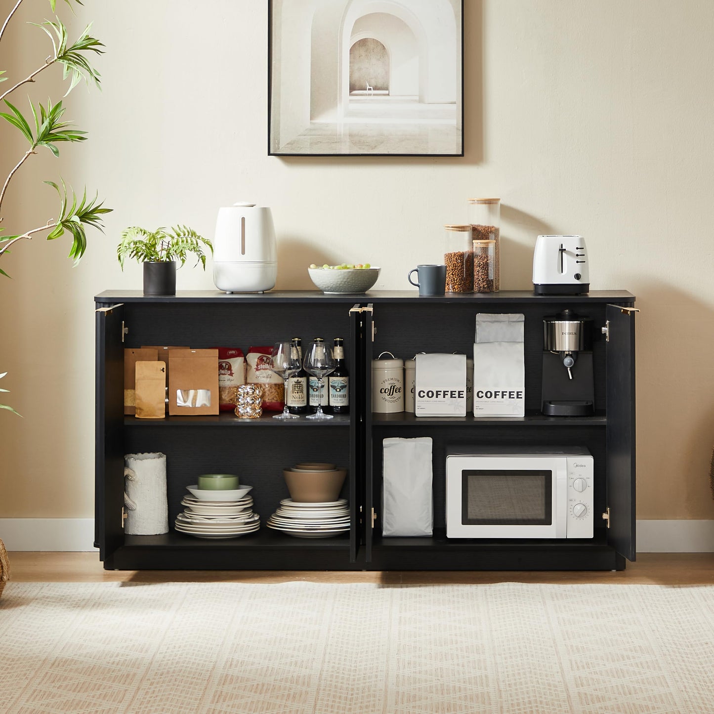 KEIKI 63" Buffet Cabinet Sideboard with Stoarge, Credenza Storage Cabinet, Large Console Table, TV Stand, Coffee Bar Cabinet for Kitchen, Dining Room, Living Room, Entryway, Black