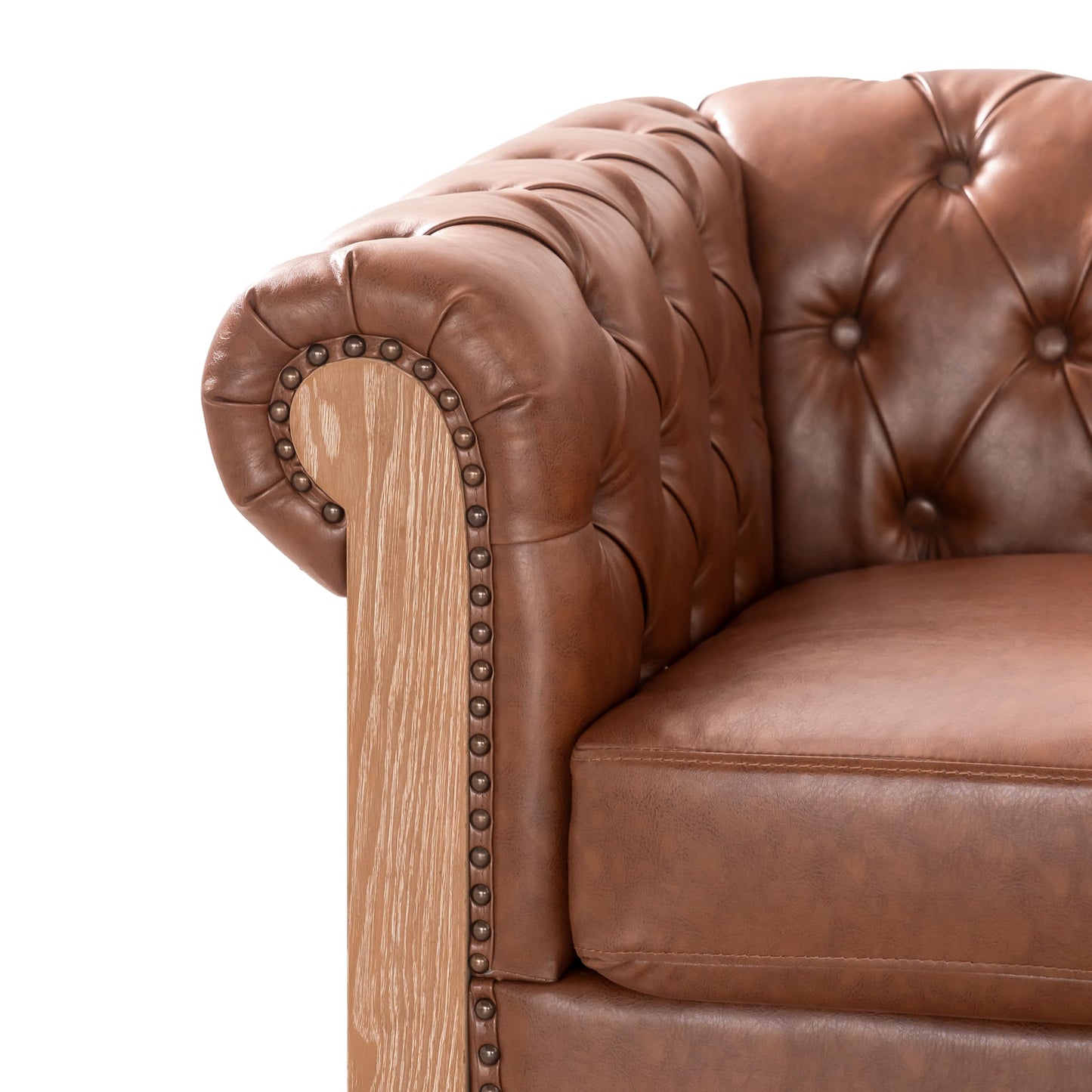 Merax PU Chesterfield Sofa, Retro Style Upholstered 6 Seater Leather Rolled Arm Couch for Living Room Bedroom Office, Light Brown