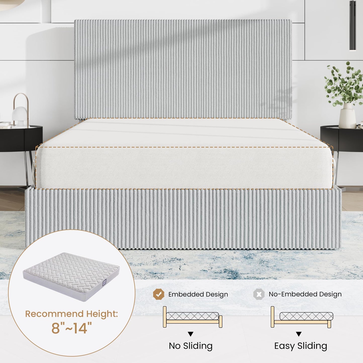SHA CERLIN Queen Bed Frame, Corduroy Upholstered Platform Bed, Adjustable Vertical Channel Tufted Headboard, Modern Low Profile Frame, No Box Spring Needed, Easy Assembly, Light Grey
