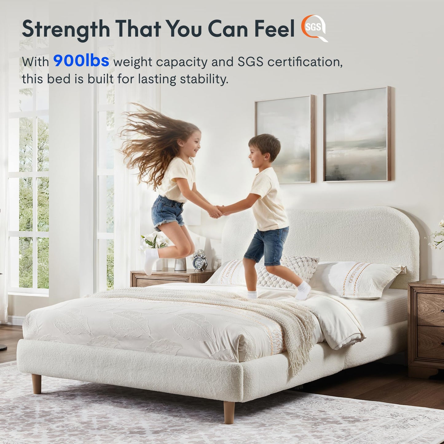 FLEXISPOT Queen Size Boucle Bed Frame, Upholstered Cloud Platform Bed with Adjustable Headboard, Plush Padding, Solid Wood Legs, Bonus LED Wall Light, No Box Spring Needed, Easy Assembly, White