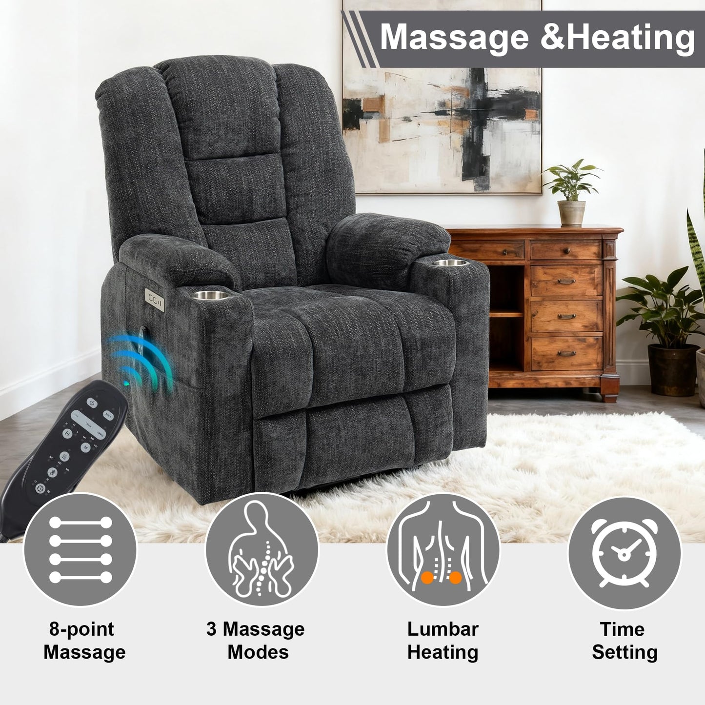 RHHVVR Power Lift Recliner Chair for Eldery, Chenille Electric Recliner Chairs with Massage and Heat, Remote Control Standing Assistance Lay Flat Recliner Sofa for Living Room Medium-Firm, Grey
