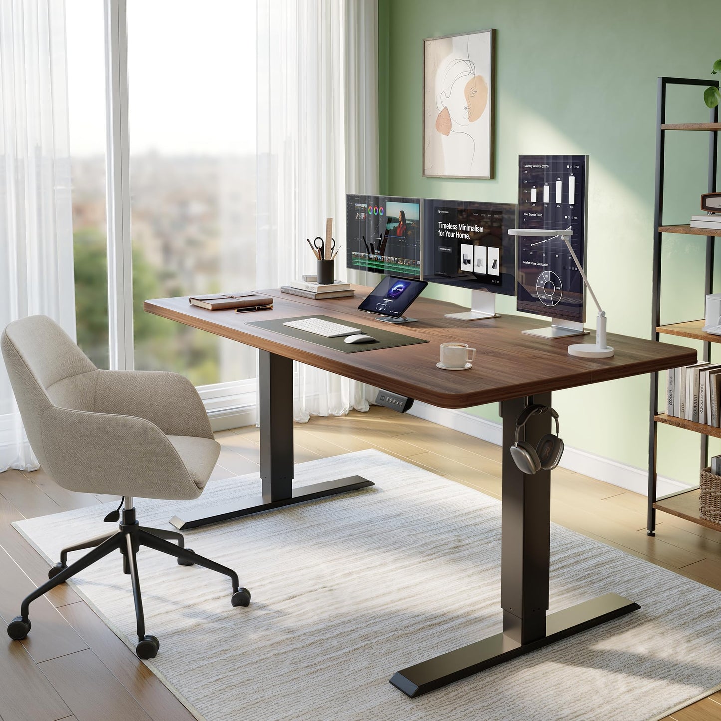 CubiCubi Standing Desk, 63 x 28 Inches Electric Height Adjustable Computer Desk, Sit Stand up Home Office Desk with Memory Presets, Dark Walnut