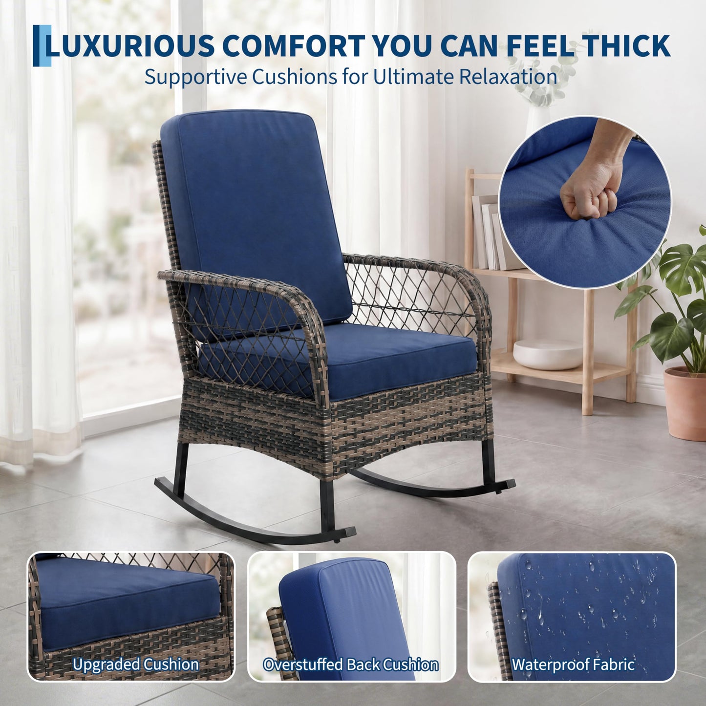 GarveeHome 3-Piece Outdoor Rocking Chair Set, Wicker Rattan Patio Furniture with Glass-Top Coffee Table, Modern Conversation Seating with Cushions for Porch, Backyard (Brown Rattan & Blue Cushion)