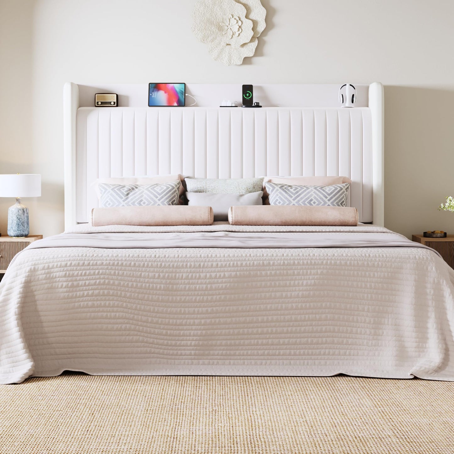 Allewie King Size Platform Bed Frame with USB Charging Station and Storage Shelf/Upholstered Velvet Wingback Headboard/Wooden Slats Support/No Box Spring Needed/Easy Assembly, White