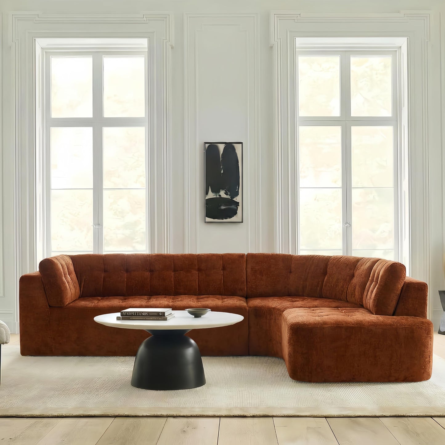 Merax 119" L-Shaped Curved Sectional Sofa Set | 4 Seat Modern Minimalist Tufted Cloud Couch with Chaise Lounge | Fully Upholstered Arms | Right-Hand Facing Foam | No-Tools Assembly, Dark Orange