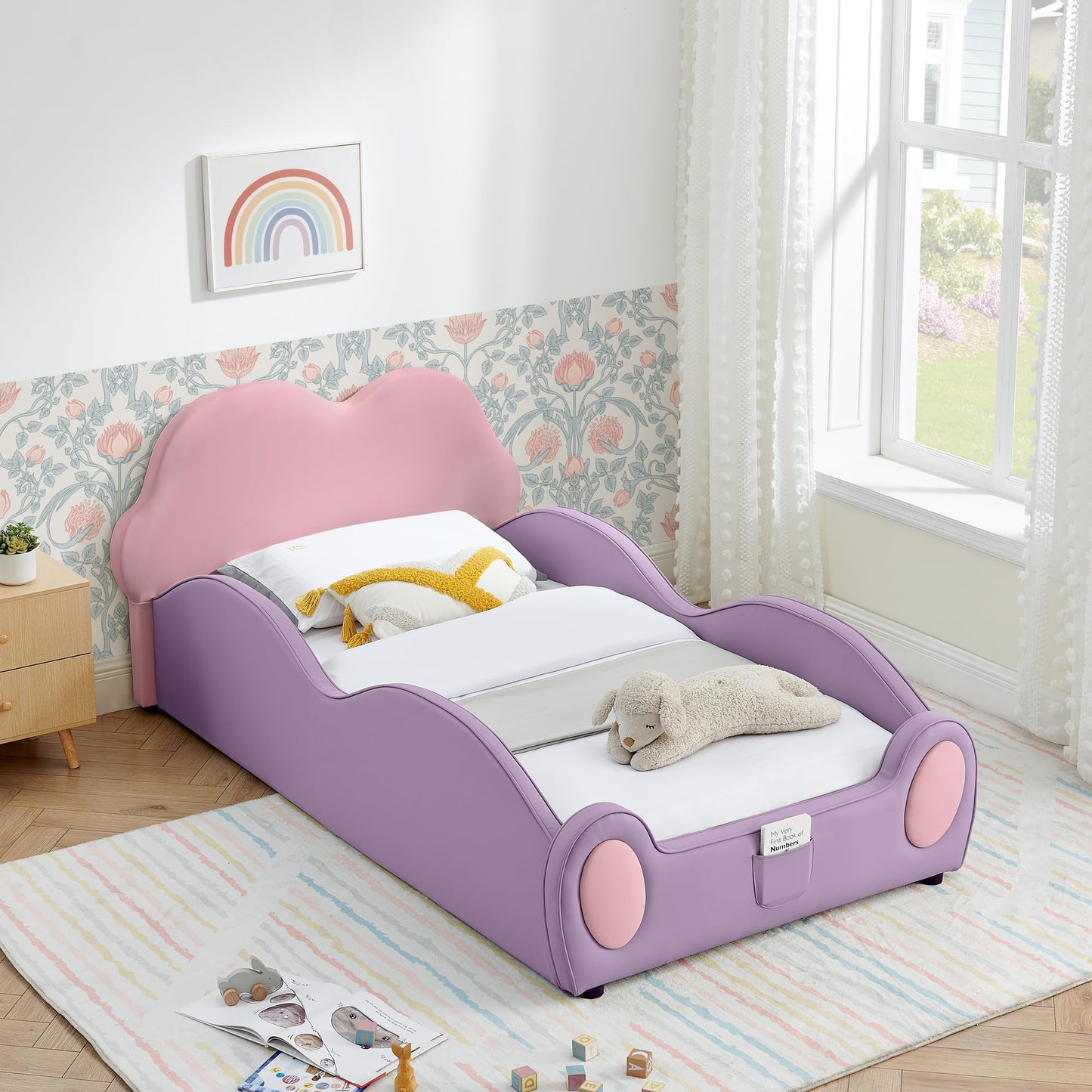 KEIKI Twin Size Upholstered Platform Bed Frame with Cute Cloud-Shaped Headboard & Pocket, for Boys and Girls, PU Leather Bed with High Guardrail & Slats, No Box Spring Required, Easy Assembly, Pink