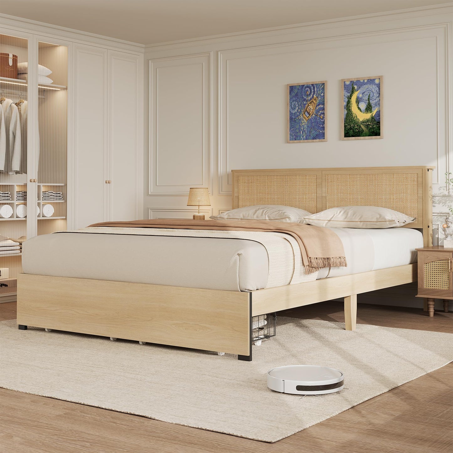 GarveeHome Queen Platform Bed Frame, Queen Size Bed Frame with Natural Rattan Headboard, Cane Bed Frame with 2 Storage Drawers and Strong Wood Slats Support, Noise Free, No Box Spring Needed