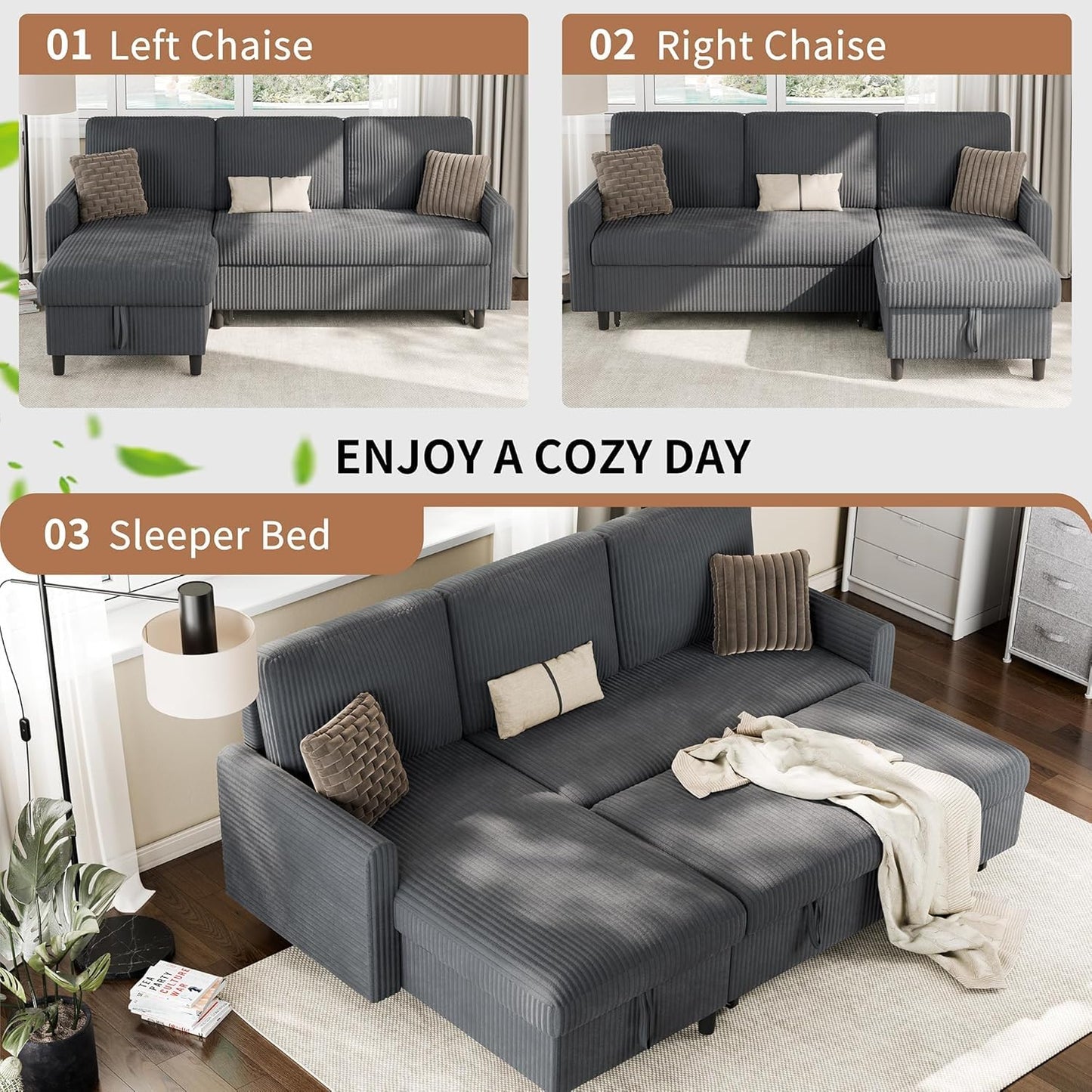 Shintenchi Futon Sofa Bed Convertible Couches L Shaped, 4‑in‑1 Sectional Sleeper Sofa Pull Out Couches for Living Room, Multifunctional Couch with Storage Chaise Corduroy Fabric, Dark Gray