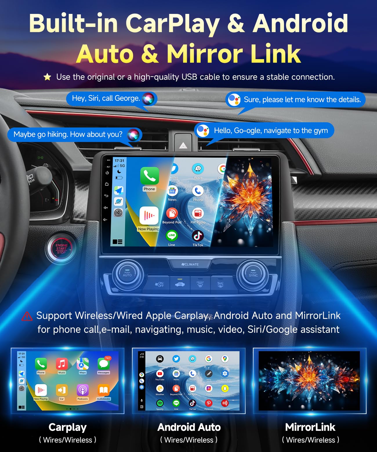 VQU 8Core Car Radio for Honda Civic 2016-2021 Android Touch Screen for Civic Stereo with Apple Carplay Android Auto GPS Navi Bluetooth 5.1 SWC FM WiFi Voice Control RCA RDS DSP Backup Camera, 4G+64G