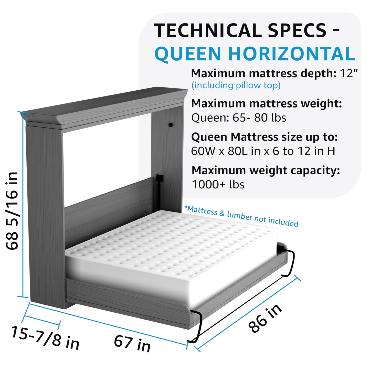 Create-A-Bed Queen Size Deluxe Murphy Bed Kit, Horizontal