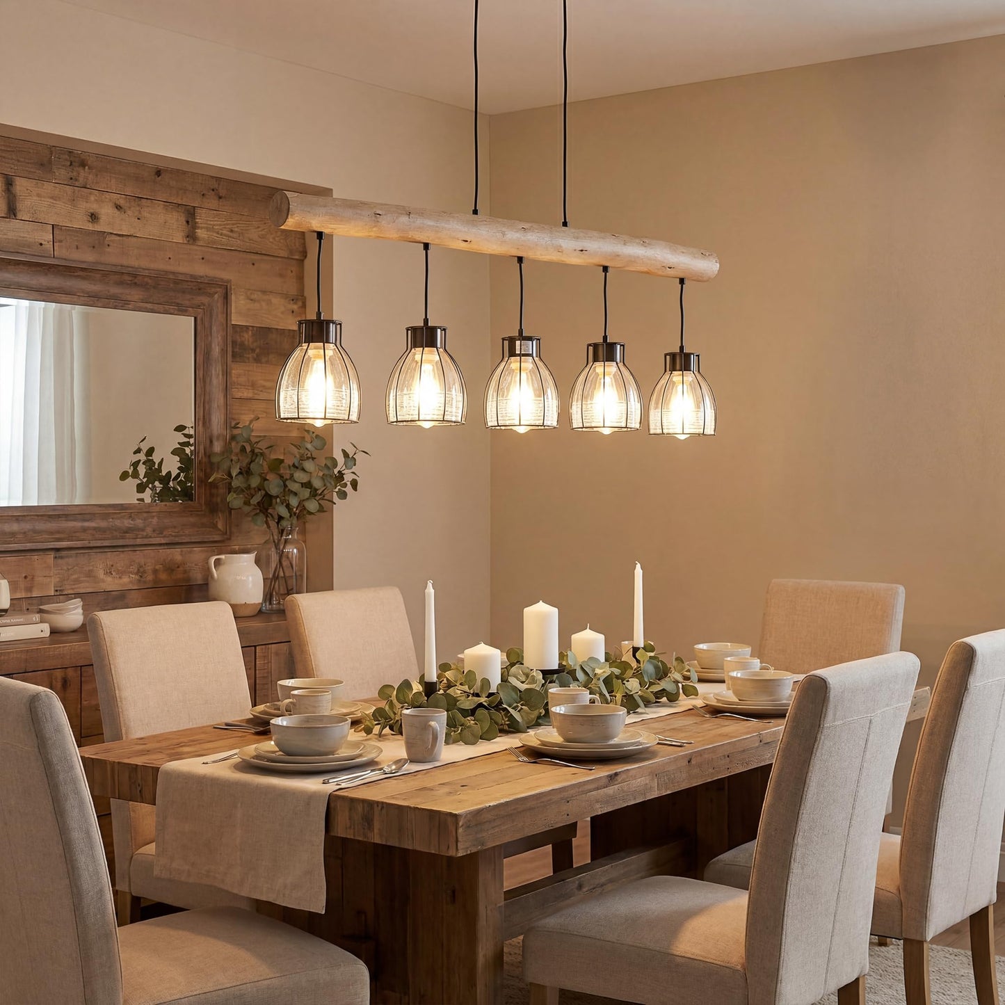 5-Light Farmhouse Kitchen Island Lighting with Glass Lampshade, Dining Room Light Fixtures Over Table, Wood Vintage Ceiling Chandelier for Living Room, Black