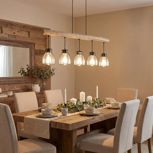 5-Light Farmhouse Kitchen Island Lighting with Glass Lampshade, Dining Room Light Fixtures Over Table, Wood Vintage Ceiling Chandelier for Living Room, Black