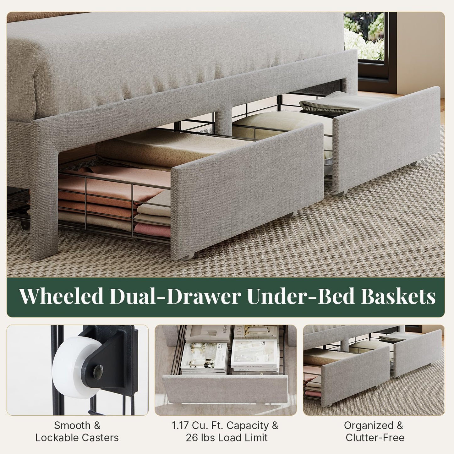 HAPPYMONT Full Size Storage Bed Frame, Square Tufted Headboard, Platform Bed with 2 Underbed Drawers at Foot, Wooden Slats Support, No Box Spring Needed, Light Gray
