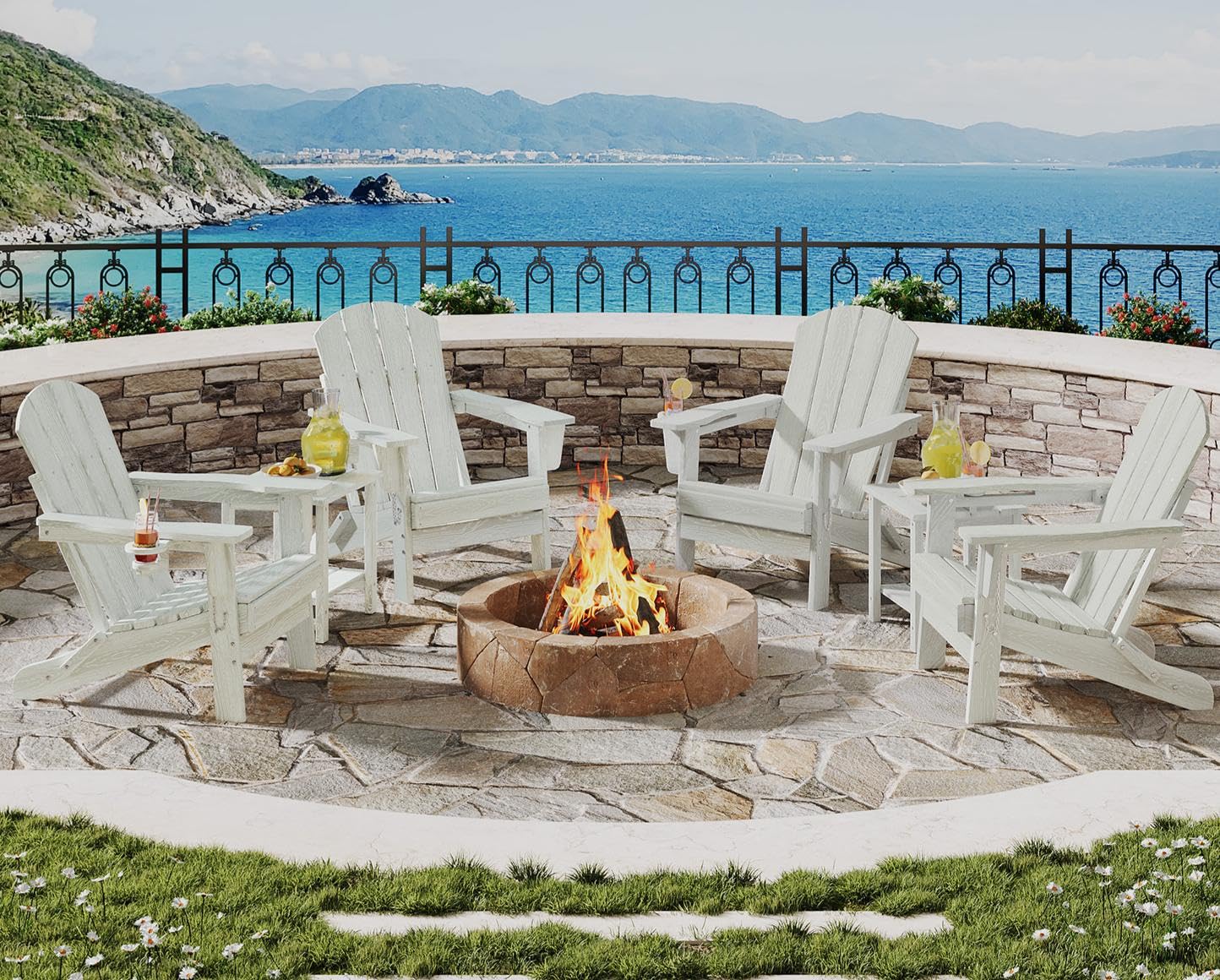 GarveeLife Folding Adirondack Chair Set of 4 with 2 Side Table, All-Weather HDPE Outdoor Chair, Wooden Textured with Cup Holder for patios, Decks, Gardens, fire pits, White