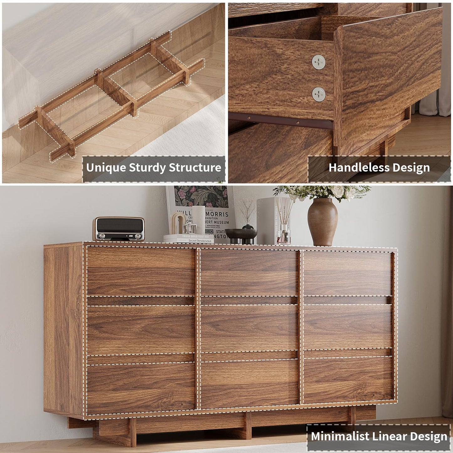CHUWELL 59" Wide Dresser for Bedroom,Walnut Mid Century Modern Dressers with 9 Drawers, Adequate Capacity Storage,Closet Clothes Organizer for Bedroom
