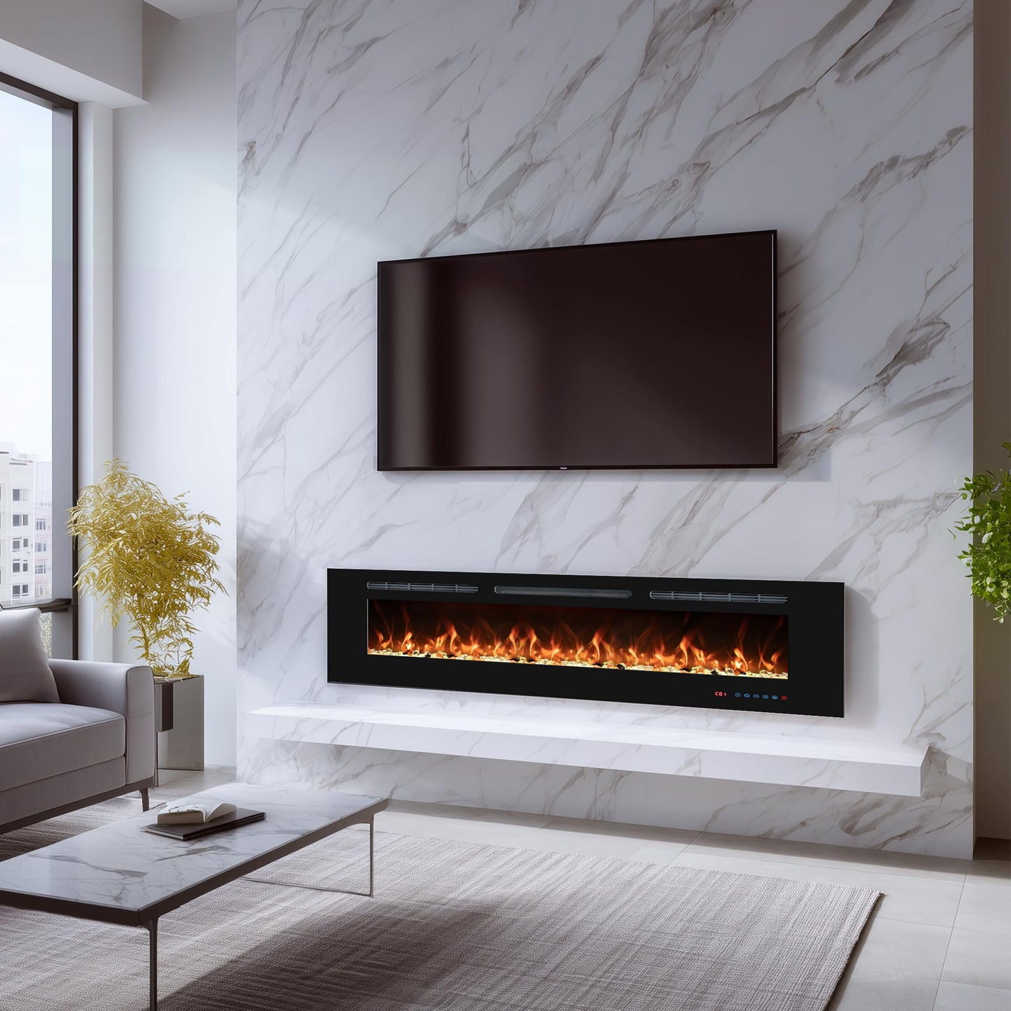 42" Electric Fireplaces Inserts, Recessed & Wall-Mounted Fireplace Heater with Thermostat, Multicolor Flames,Timer, Log & Crystal, 750/1500W