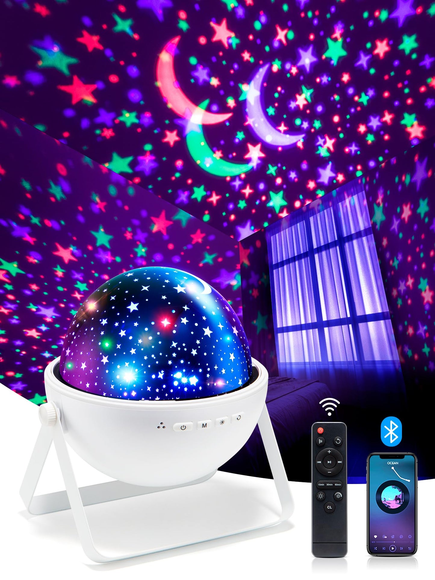 One Fire Star Projector Night Light for Kids, 15 Colors, Remote, Bluetooth Speaker, 360? Rotating, White-01, Model WH-E08