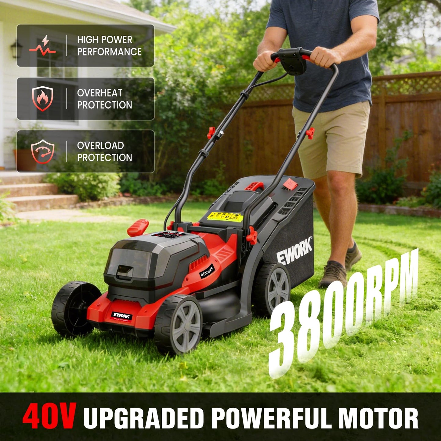 EWORK 40V Electric Lawn Mower Cordless, 14" Electric Push Mower with Grass Catchers, 2 x 4.0 Ah Batteries & Charger, 6-Height Adjustment, 21 lbs Lightweight Battery Powered Lawnmower for Small Yard