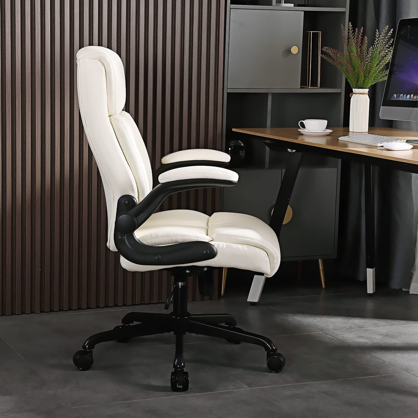 Youhauchair Executive Office Chair, Ergonomic PU Leather Computer Desk Chair with Lumbar Support, Flip-up Armrests and Adjustable Height, for Home Office, Beige