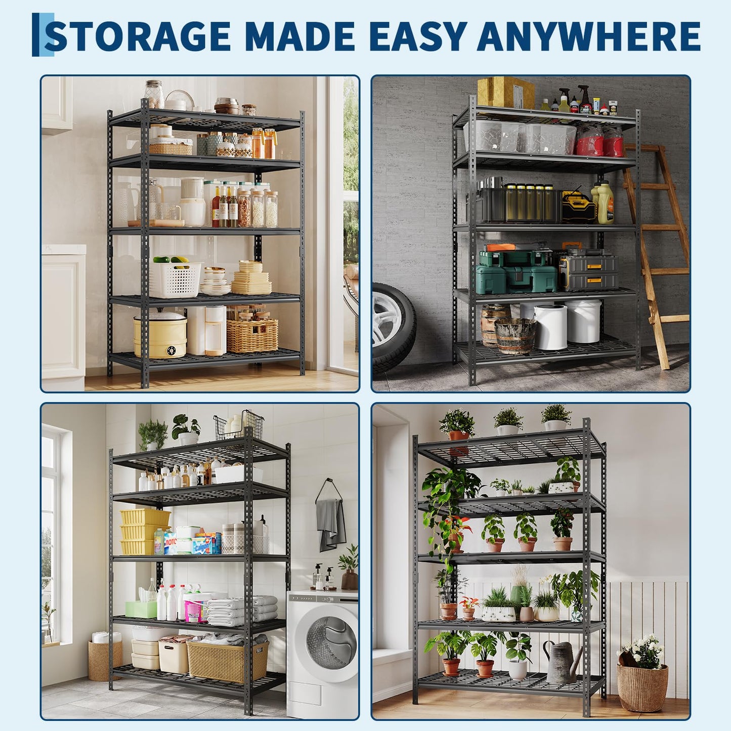 Garage Shelving 2200 LBS Storage Shelves Adjustable Metal Shelving Unit Heavy Duty 5 Tier Metal Shelves for Garage Kitchen Pantry Warehouse Basement, 36" W × 16" D × 72" H, 4 Pack