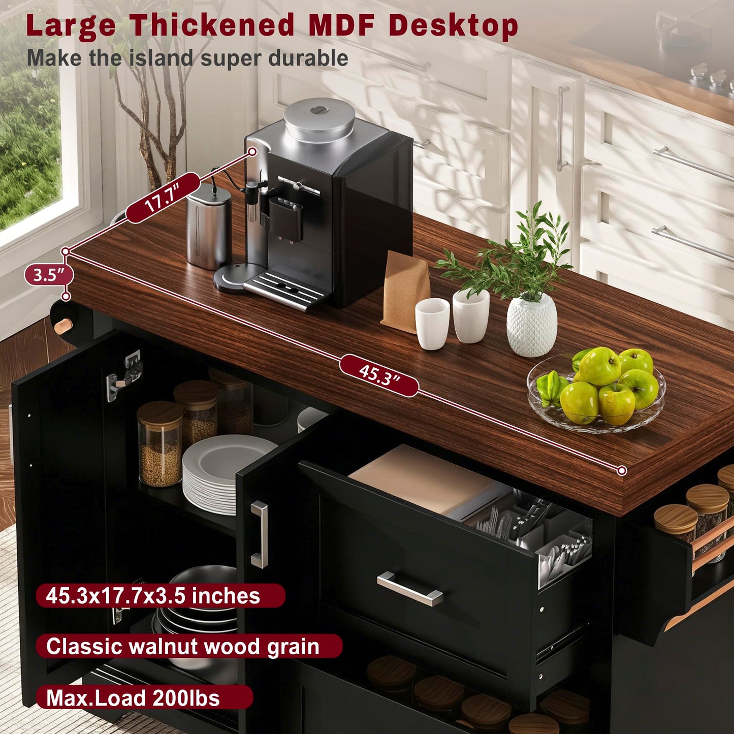 Trygoal 53.2" Rolling Kitchen Island with Storage, 3.5" Thick Countertop, Spice Rack, Towel Rack, Drawer & Cabinet - Mobile Kitchen Cart on Wheels for Kitchen, Dining Room, Black