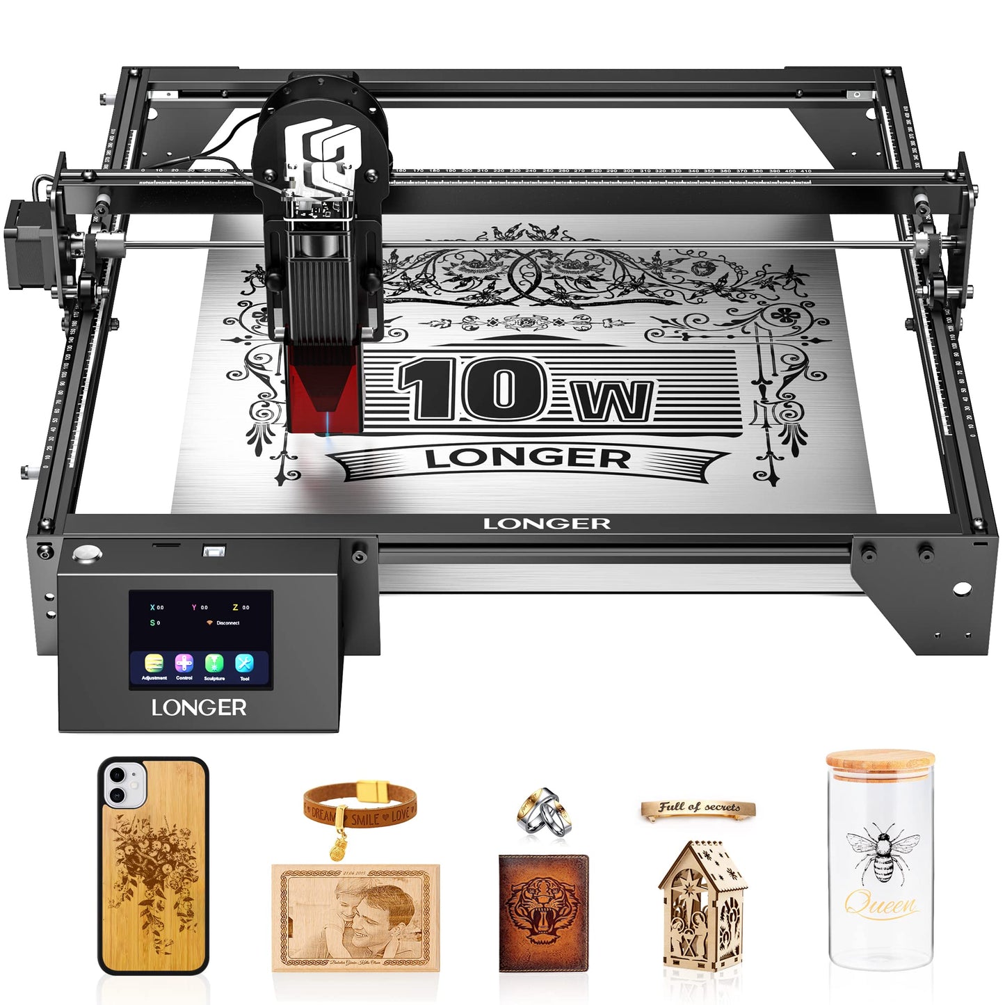 LONGER Laser Engraver Ray5 10W, 60W DIY Cutter and Engraving Machine with 3.5" Touch Screen,0.06mm Laser Spot 10000mm/min, Offline Usage CNC Engravers for Wood Metal Acrylic Glass