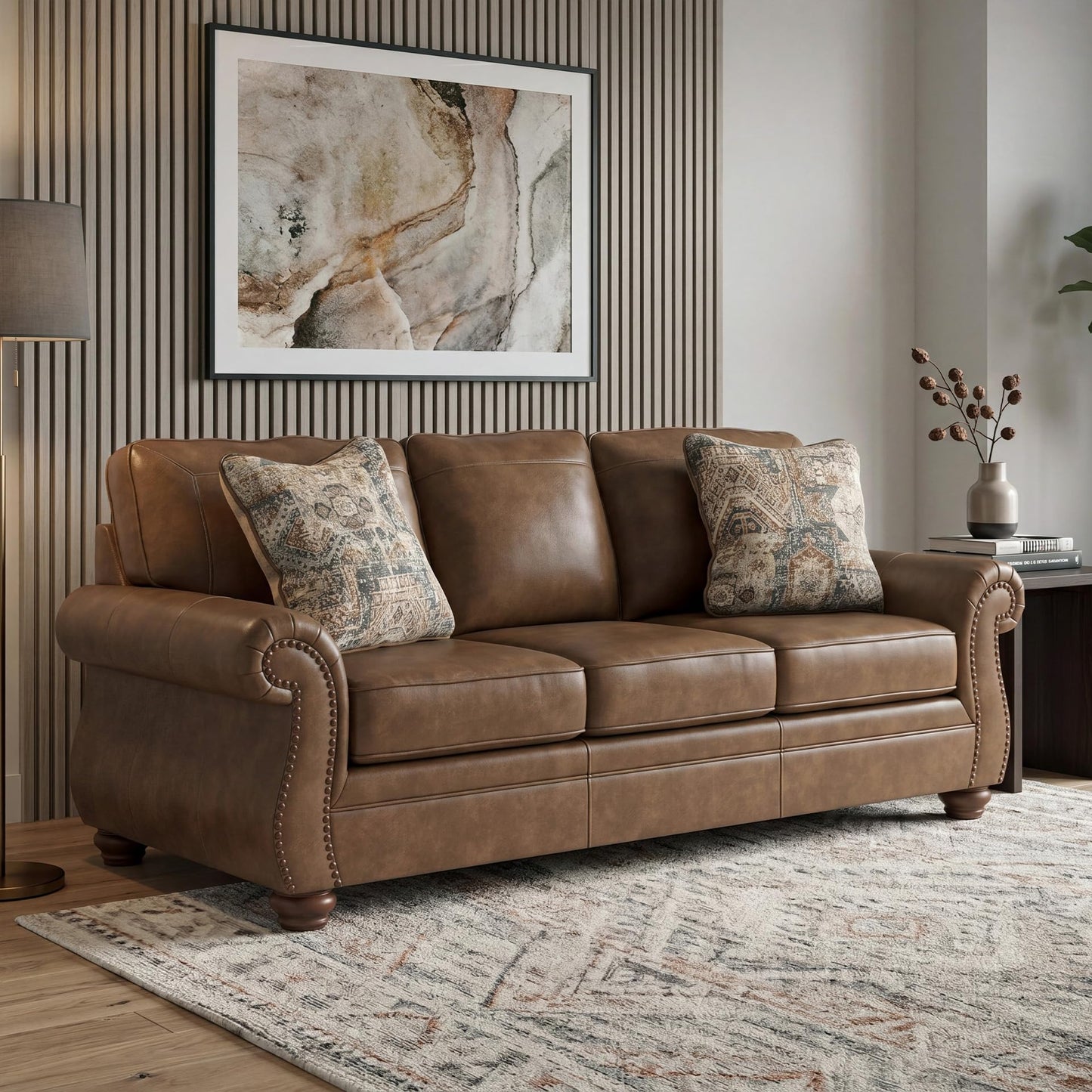Signature Design by Ashley Shadsburne Rustic Faux Leather Sofa with Nailhead Trim and 2 Throw Pillows, Brown