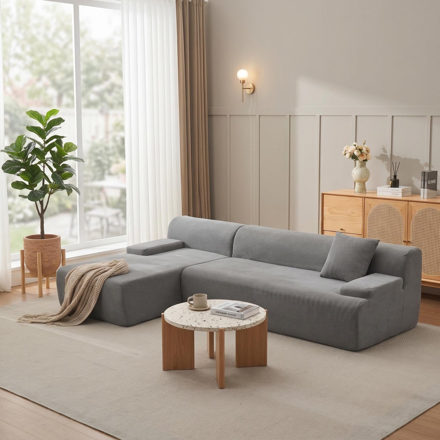 PeakPursuit Oversized 108" Corduroy Cloud Sectional, Left-Facing Chaise Boneless Modular Sofa, Soft Deep Lounger for Living Room, No Assembly Needed