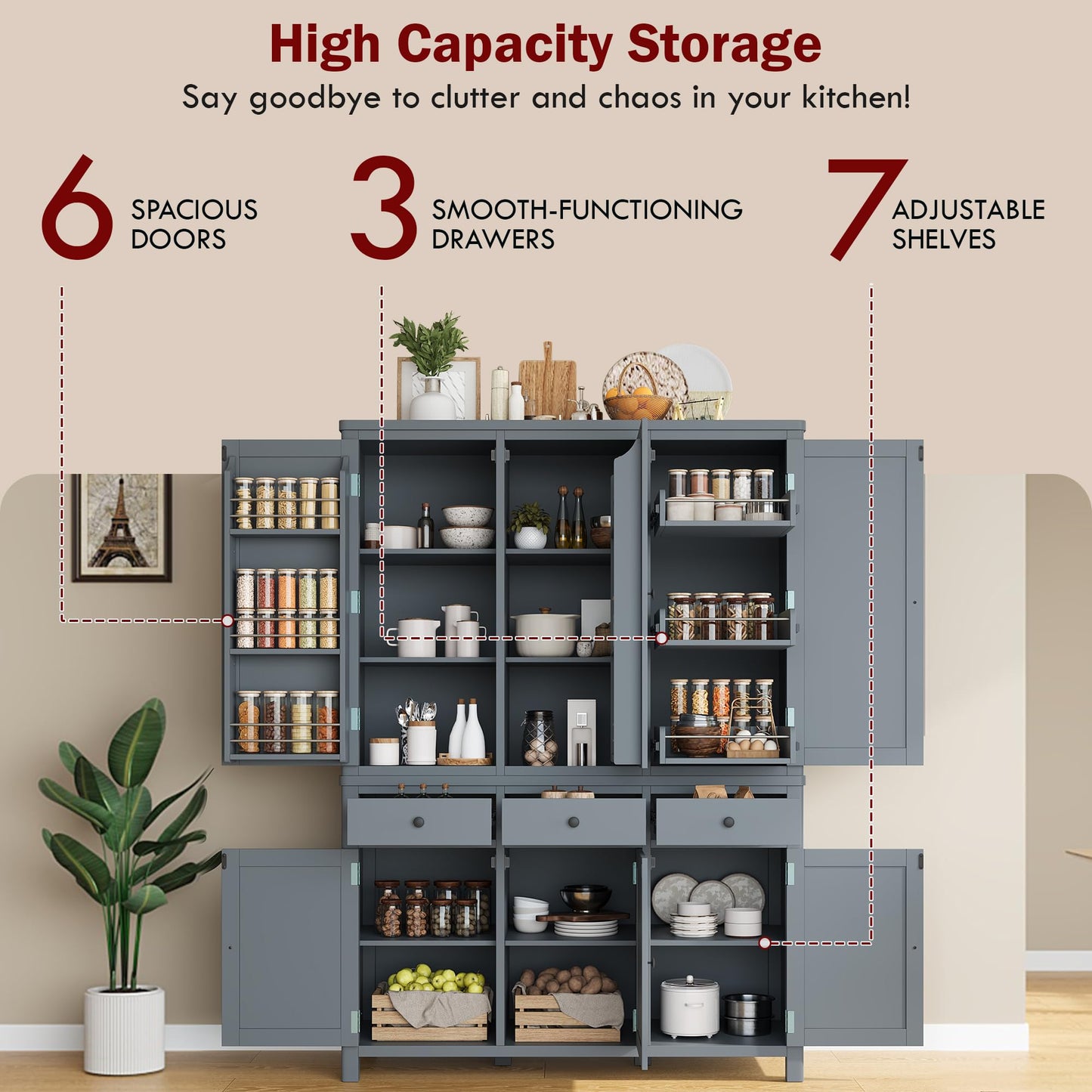 Merax 74.8'' Tall Kitchen Pantry Storage Cabinet with 6 Doors, 3 Drawers and Adjustable Shelves, Freestanding Large Cupboard & Pull-Out Trays for Kitchen, Dining Room, Living Room, Gray