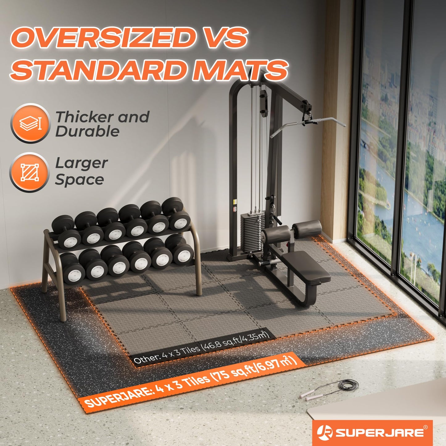 SUPERJARE 30" x 30" Larger Rubber Top Exercise Equipment Mats, 0.56" Thick 12PCS 75 Sq Ft High-Density EVA Foam Interlocking Gym Flooring, Big Workout Mat for Home Gym, Floor Protection, Black/Grey