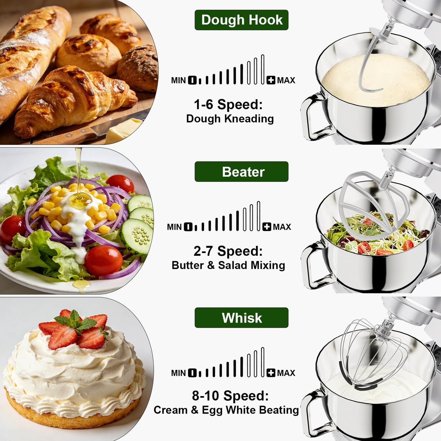 Camic Electric Stand Mixer,7.45 QT,10 Speeds with Dough Hook,Whisk, Flat Beater Attachments, Splash Guard, Easy-Carry Top Handle,3-IN-1 Kitchen Mixer for Baking Cakes Cookie Bread Salad (Silver)