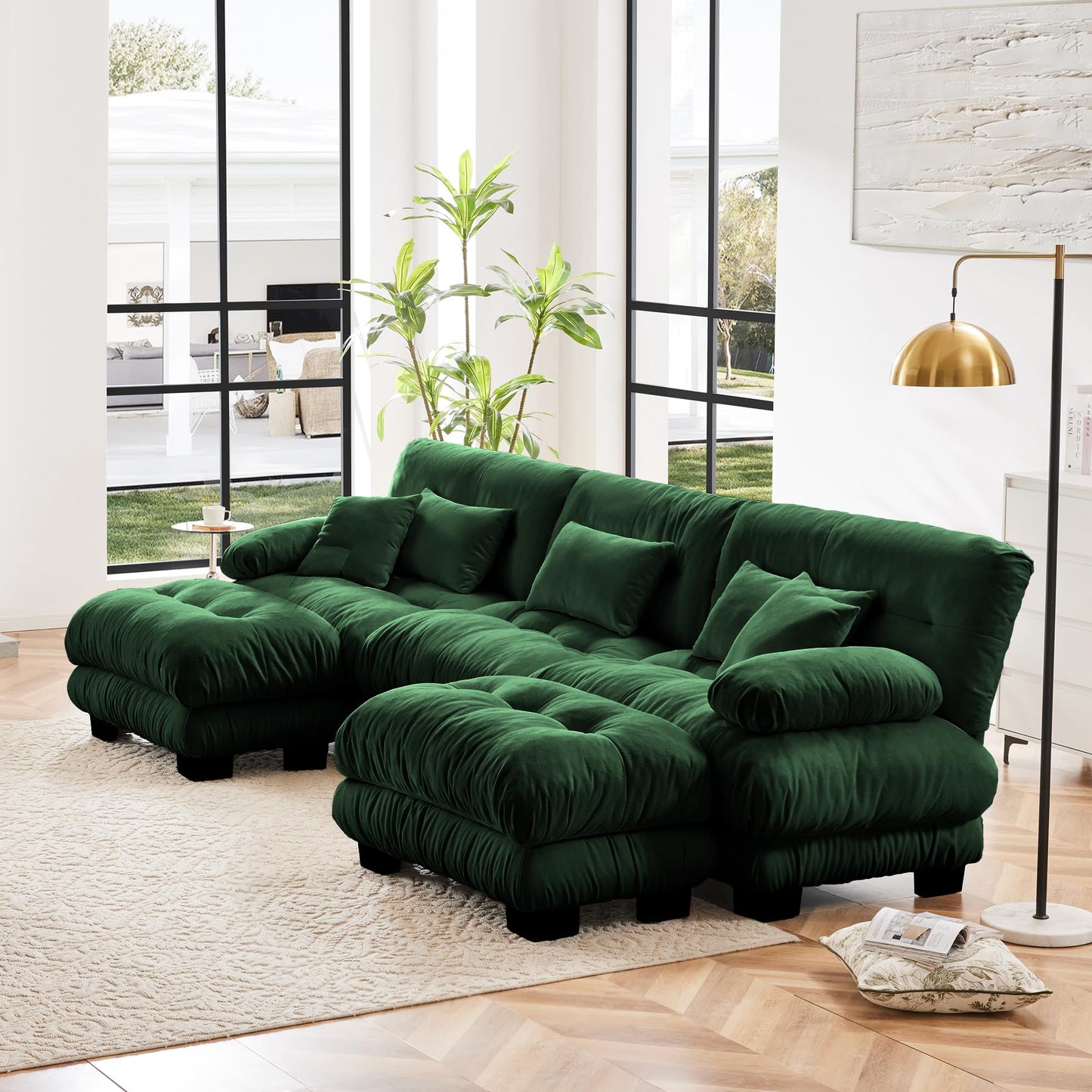 KEIKI 133" Sectional Sofa with Removable Ottomans, 5 Seat U Shaped Sleeper Cloud Couch Set, Comfy Chenille Upholstered Modular SofaBed for Apartment Living Room, Throw Pillows, Dark Green