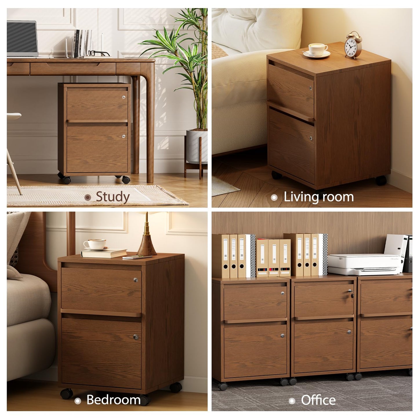 KungFuWood Wheeled Double-Drawer Filing Cabinet, Lockable Mobile File cabinets, Suitable for Home Offices or Storage cupboards for Storing Legal documents or Letter-Sized Files.