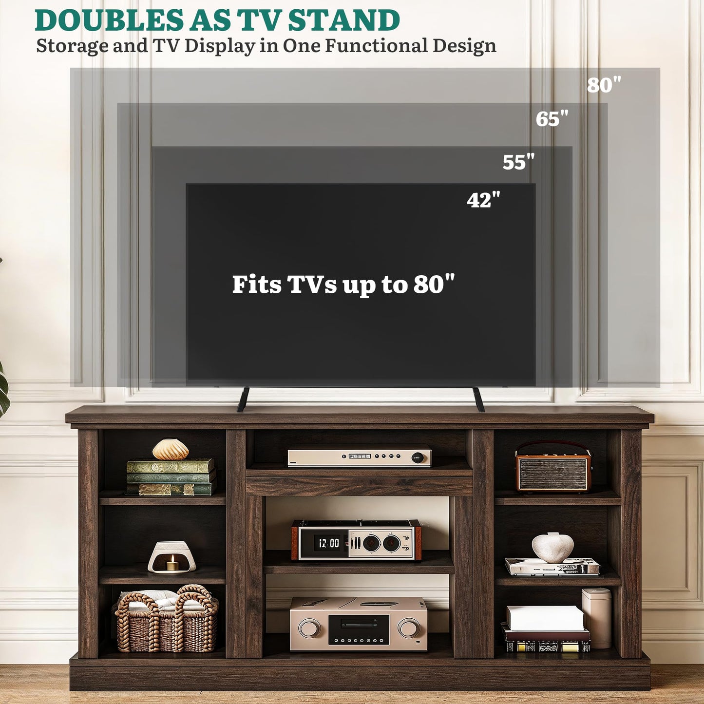 YITAHOME Farmhouse TV Stand for 75/80 Inch TVs, Entertainment Center with Adjustable Shelf & Open Storage, TV Console Table with Cord Management for Living Room, Bedroom (Walnut)
